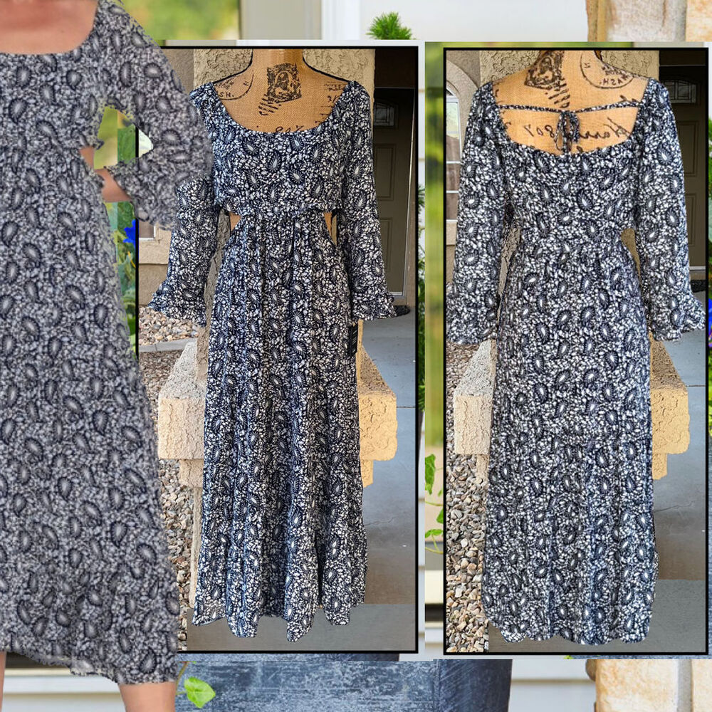 Lulus Blissful Sweetie Navy Blue Paisley Tiered Waist Cutouts Midi Dres Size M
